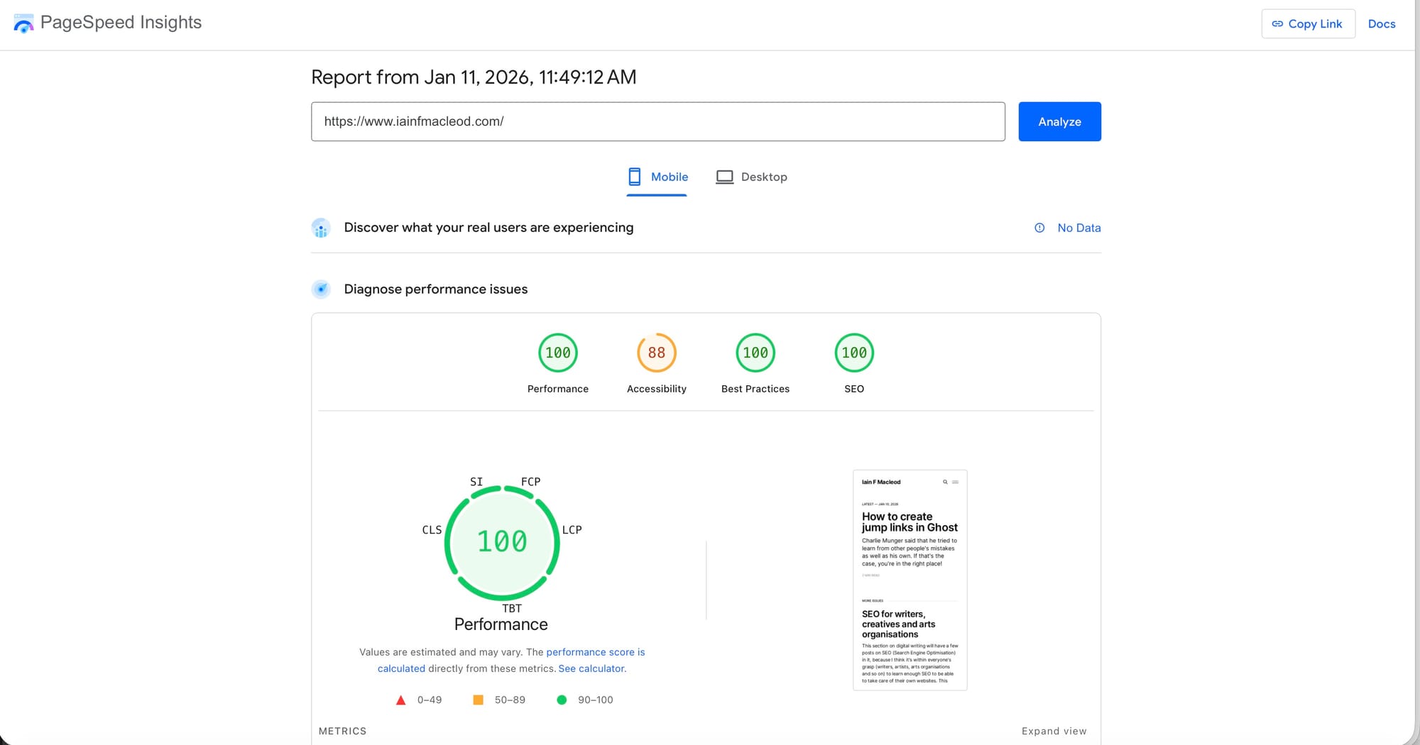 Page speed insights for a case study