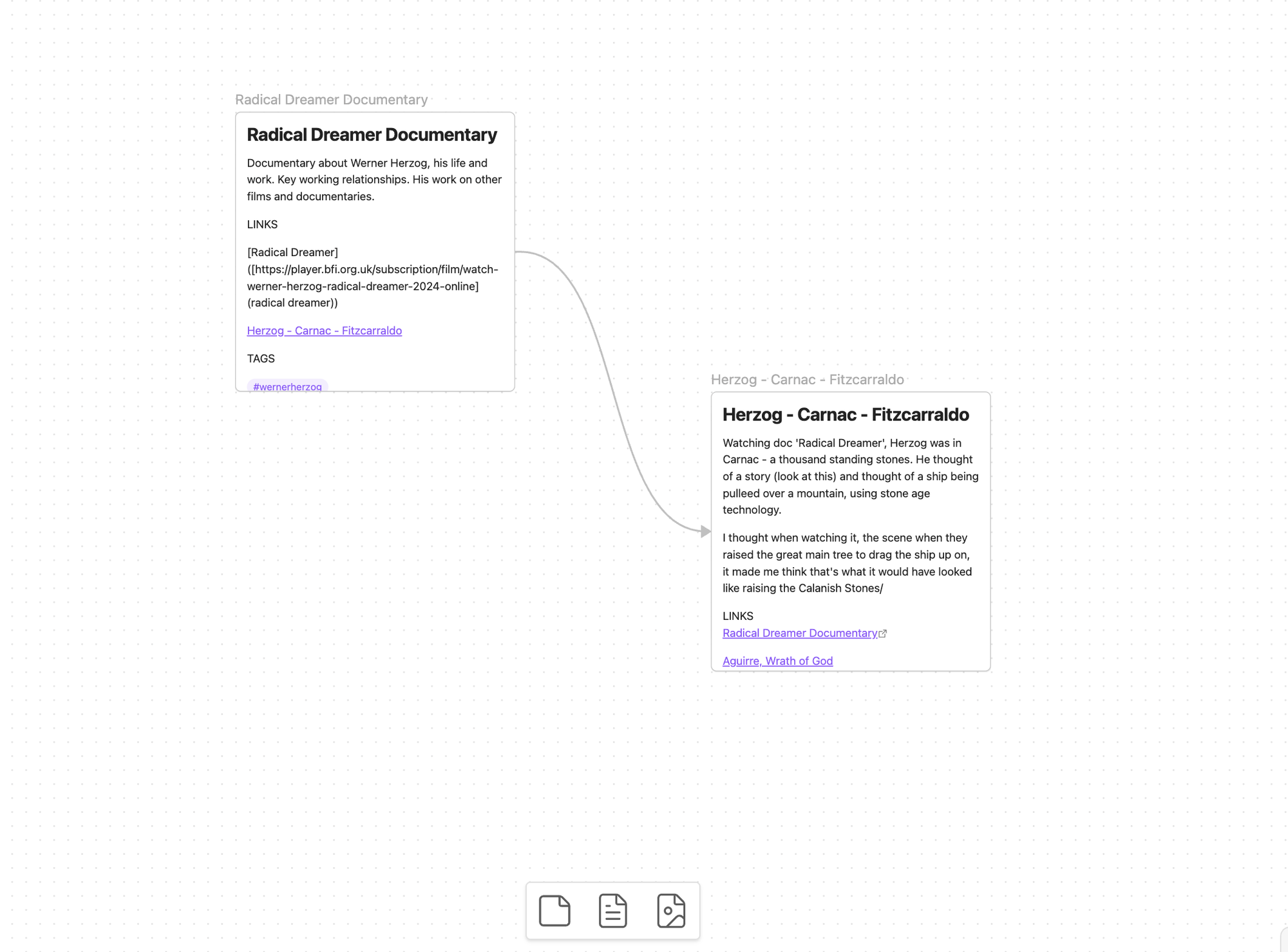 Canvas view in Obsidian with two linked notes
